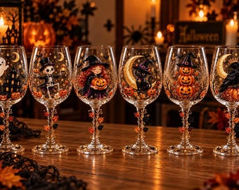 Juego de copas de vino de Halloween, vasos con diseño de brujas y fantasmas, decoración gótica de otoño para la mesa.