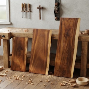 May include: Three rectangular wooden boards with natural live edges, featuring rich brown wood grain patterns. The boards are displayed upright in a workshop setting, showcasing smooth surfaces and distinct light-colored sapwood along the edges.