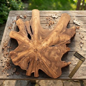 May include: A natural wood slab with a prominent grain pattern and irregular, organic edges. The light brown surface features several deep fissures and knots. A metal L-shaped square tool is positioned nearby for scale, showing markings in inches.