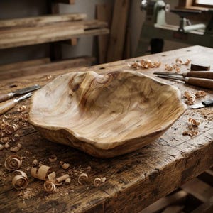 May include: A hand-carved wooden bowl with a natural, irregular edge and visible wood grain patterns. The bowl features light brown and tan tones with a smooth, polished interior surface, showcasing the organic texture of the raw timber material.