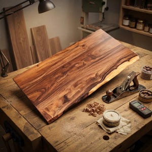 May include: A rectangular live edge wooden board with a rich brown grain pattern, positioned on a workbench alongside a metal hand plane, a small container of wood shavings, a circular tin of paste wax, and a digital moisture meter device.