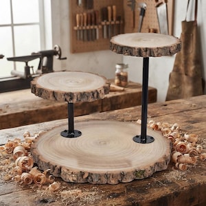 May include: A three-tiered display stand featuring circular wood slices with natural bark edges. The tiers are supported by black metal rods and circular bases, creating a tiered structure for displaying items on a flat surface.