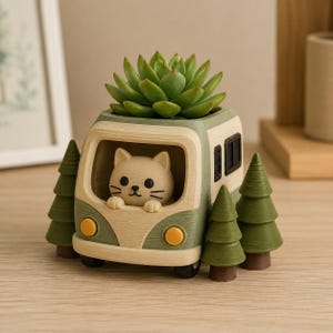 Miniature Camper Cat 3D Printed Planter Pot, Hand Painted Wildlife Succulent Holder, Unique Nature Lover Gift