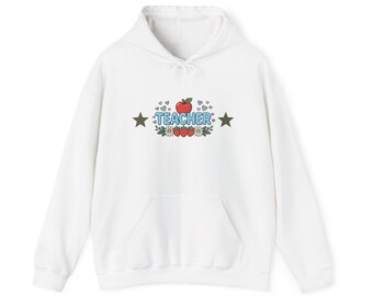 Hoodie met appel- en bloemenprint voor leerkrachten | Schoolpersoneelssweatshirt, sterren en harten