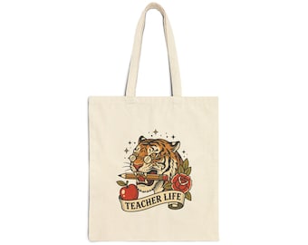 Tijgerkop met appel en roos - draagtas voor leerkrachten | Canvas schoolleerkracht