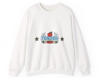 Sweatshirt met appelprint voor leerkrachten | Ontwerp met bloemen, harten en sterren