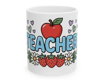 Mok met appel, aardbeien en madeliefjes voor de leerkracht | Koffiebeker voor in de klas