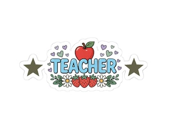 Sticker met appel, aardbeien en madeliefjes voor de leraar | Gestanste vinylsticker