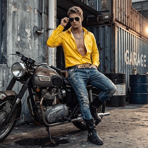 Può includere: Una camicia gialla a maniche lunghe con bottoni, jeans blu consumati con una cintura nera Moschino, stivali in pelle nera, una catena d'argento e occhiali da sole scuri accanto a una motocicletta Triumph d'epoca.