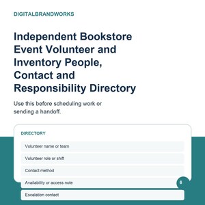 May include: A document titled DIGITALBRANDWORKS Independent Bookstore Event Volunteer and Inventory People, Contact and Responsibility Directory. It includes a form with fields for volunteer name, role, contact method, availability, and escalation contact.
