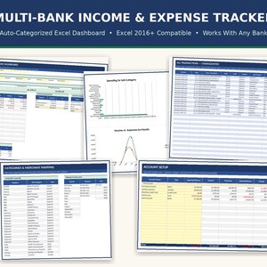 Inkomst- och utgiftsspårare för flera banker | Automatiskt kategoriserad Excel-instrumentpanel (digital nedladdning)