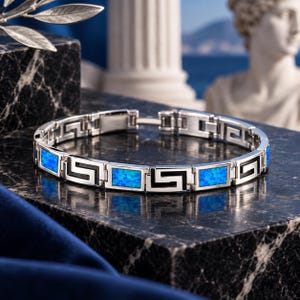 Armband med grekisk nyckelopal, blå syntetisk opal, silverfärgade meandersmycken