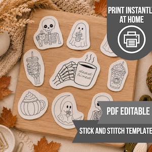 May include: A collection of black and white stick and stitch templates featuring line art illustrations of skeletons, ghosts, and coffee cups with the text "dead tired," "PRINT INSTANTLY AT HOME," and "PDF EDITABLE STICK AND STITCH TEMPLATES."