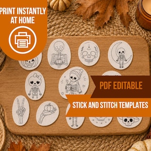 Peut inclure: Une collection de modèles de broderie adhésifs ovales présentant des illustrations au trait noir de squelettes, de citrouilles et de crânes. Le texte PRINT INSTANTLY AT HOME, PDF EDITABLE et STICK AND STITCH TEMPLATES est visible sur l'image.