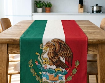 Mexican Independence Day Linen Table Runner | Viva Mexico Fiesta Decor (13x72)