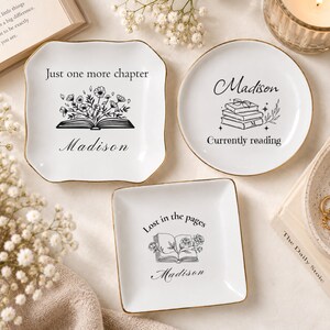 Personalized Bookish Ring Dish, Custom Name Jewelry Dish, Book Lover Gift for Her, Ceramic Trinket Tray, Reader Gift