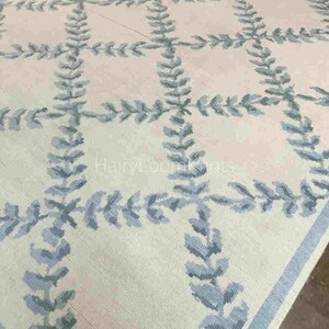 Wool Area Rug, Blue and Ivory Botanical Trellis Carpet, Hand Tufted Modern Farmhouse Floor Covering for Living Room & Bedroom
