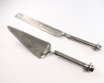 Cake Cutting Set made by blacksmith, personalized with name. Awesome groom's cake knife, wedding gift , or birthday gift