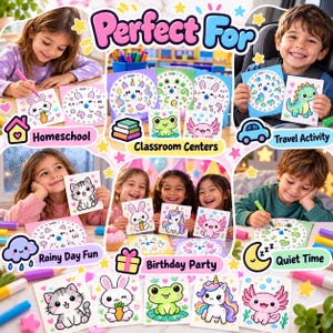 May include: A collection of educational activity cards featuring colourful illustrations of a cat, rabbit, frog, unicorn, and axolotl, with circular counting wheels, markers, and text labels including Perfect For, Homeschool, Classroom Centres, Travel Activity, Rainy Day Fun, Birthday Party, and Quiet Time.