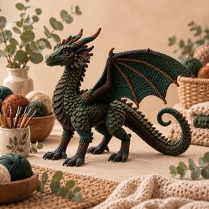 Puede incluir: Una figura de dragón tejida a ganchillo a mano con escamas texturizadas en verde oscuro y marrón, grandes alas puntiagudas con costuras visibles, una larga cola enroscada y ojos de color ámbar, en una pose detallada y compleja.