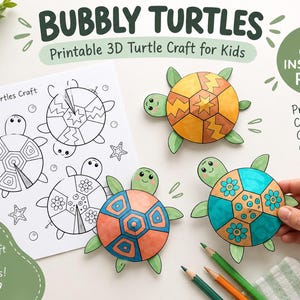 Op de afbeelding: Een printbare 3D-schildpadknutselset getiteld BUBBLY TURTLES met een zwart-wit instructieblad met schildpadomtrekken en drie geassembleerde, kleurrijke papieren schildpadden met geometrische en bloemrijke schildpatronen, inclusief kleurpotloden.