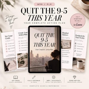 Könnte beinhalten: Ein digitales Arbeitsbuch und Handbuch mit dem Titel Quit the 9-5 This Year, das ein Tablet mit einer Skyline und einer Person mit Tasse zeigt. Das Set enthält Seiten zu Zielen, Aktionsplänen und Produktivität, die in Canva bearbeitbar sind.
