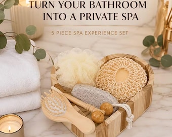 Set regalo da bagno/spa composto da 5 pezzi, con scatola portaoggetti a forma di cuore in legno, kit relax per donne.