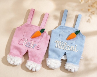 Personalized Hand Chunky Yarn Easter Basket, Bunny Overalls Treat Bag, Custom Name Candy Tote, Kids Gift Bag