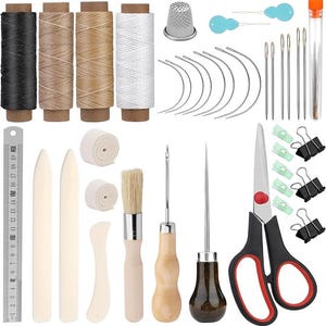 May include: A leather crafting tool kit including four spools of thread in black, brown, tan, and white, a metal thimble, curved and straight needles, a 20 cm metal ruler, bone folders, a glue brush, awls, scissors, and black binder clips.