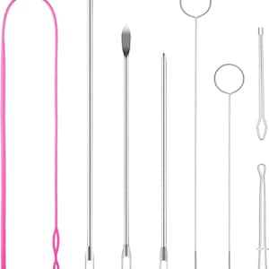 May include: A set of seven crafting tools including one long flexible pink plastic loop turner, three straight metal rods with slotted ends, two long metal rods with circular handles and hooked tips, and one short metal tool with a looped end.