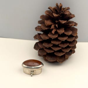 May include: A small, oval-shaped metal box featuring a smooth, dark reddish-brown stone inlay on its lid. The container has a silver-toned metallic base with a small, hinged latch mechanism on the front side for opening and closing the lid.