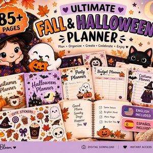 Puede incluir: Un conjunto de planificadores digitales de otoño y Halloween con más de 85 páginas y 100 pegatinas. Incluye planificadores temáticos para fiestas, presupuestos, disfraces y recetas, decorados con ilustraciones de fantasmas, gatos y calabazas.