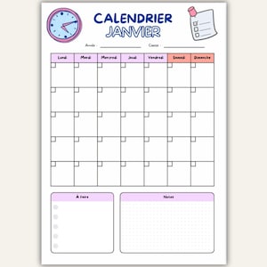 Peut inclure: Une page de calendrier mensuel pour janvier intitulée CALENDRIER JANVIER avec une icône d'horloge, une icône de liste de contrôle et des sections pour l'année, la classe, les jours, une liste de tâches et des notes. Grille avec cases.