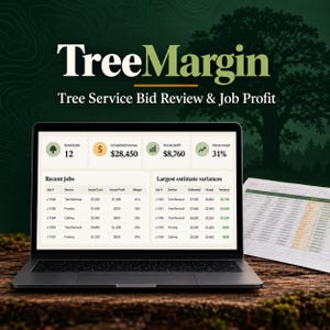 Può includere: Uno schermo di computer portatile che mostra l'interfaccia del software TreeMargin per la revisione dei preventivi e l'analisi dei profitti dei servizi di arboricoltura. La dashboard mostra metriche su lavori, ricavi e margini.