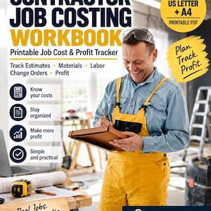 Op de afbeelding: Een digitaal werkboek getiteld Contractor Job Costing Workbook met tekst over functies zoals het bijhouden van schattingen, materialen, arbeid en winst. Beschikbaar in US Letter en A4-formaat voor eigenaren en kleine aannemers.