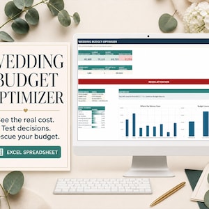 May include: A digital wedding budget optimizer displayed on a computer monitor and a printed sign. The interface features tables, bar charts, and financial data labeled 'Wedding Budget Optimizer', 'See the real cost', 'Test decisions', and 'Excel Spreadsheet'.