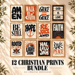 Könnte beinhalten: Eine Sammlung von 12 rechteckigen Wandkunstdrucken mit religiöser Typografie und Illustrationen in Schwarz, Weiß und Orange. Die Drucke zeigen Phrasen wie Amen, Walk By Faith, Grace Upon Grace, God Is Love, Be Still, Hope, Rejoice Always, Faith Over Fear, Rooted In Love, Let Your Light Shine, Hallelujah und Peace.