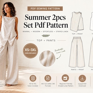 May include: A PDF sewing pattern for a two-piece summer set featuring a sleeveless wrap-style top and wide-leg trousers. The design includes technical line drawings of the front and back views, size range XS-3XL, and a close-up of the striped fabric.