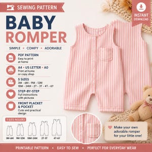 May include: A sewing pattern for a baby romper featuring a pink and white vertical striped design. The romper has a sleeveless cut, a front button placket, and a single chest pocket. The image includes text details for PDF printing and sizing.
