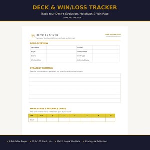 May include: A white printable deck and win/loss tracker sheet with gold text and lines. Sections include Deck Overview, Strategy Summary, and Mana Curve/Resource Curve. The header reads Deck & Win/Loss Tracker by Tome and Tabletop.