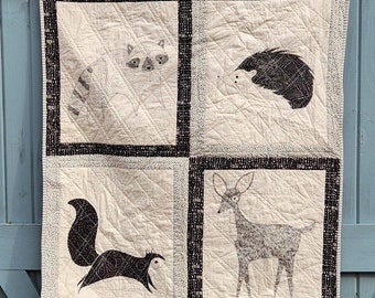 Woodland Animals Baby Quilt Black White