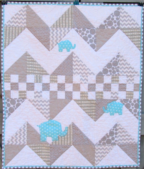 Elephant Baby Quilt Modern Baby Quilt Gray Aqua Blue Etsy