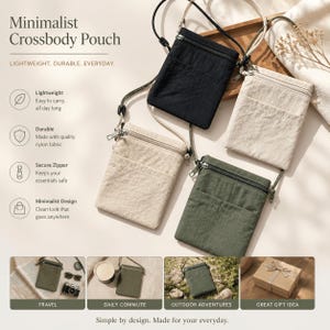 May include: Four rectangular crossbody pouches in black, beige, cream, and olive green, each featuring a top zipper, a front slip pocket, and a thin adjustable shoulder strap. The text reads Minimalist Crossbody Pouch, Lightweight, Durable, Everyday.