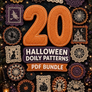 Puede incluir: Un paquete digital en PDF de 20 patrones de tapetes de Halloween con varios diseños de ganchillo que incluyen telarañas, una bruja, una casa embrujada, un gato negro y un caldero en colores naranja, morado, negro y crema con el texto 20 HALLOWEEN DOILY PATTERNS PDF BUNDLE.