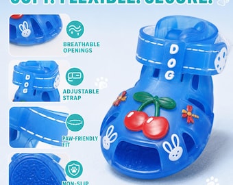 Cherry Jelly Dog Sandals, Blue Non-Slip Puppy Paw Shoes, Adjustable Four-Piece Set