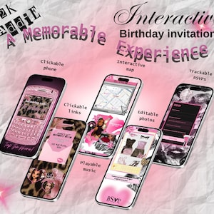 May include: A digital interactive birthday invitation template featuring a Y2K aesthetic with pink and leopard print themes. The display shows multiple smartphone screens with clickable links, an interactive map, trackable RSVPs, and editable photo sections, all presented in a cohesive, stylized layout.