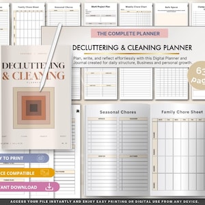 Puede incluir: Un planificador digital de limpieza y organización de 63 páginas, con una portada que presenta un diseño geométrico cuadrado y el texto Decluttering & Cleaning Planner. El conjunto incluye varias plantillas imprimibles como tablas de tareas.