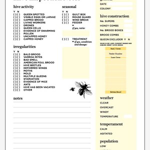 Honeybee Hive Health Record // Beehive Inspection Notes for Beekeepers ...