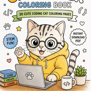May include: A coloring book titled CAT CODER COLORING BOOK featuring a cartoon cat wearing round glasses and a yellow hoodie, sitting at a desk with a laptop, a stack of books labeled CODE, CREATE, LEARN, and a mug with a coding symbol icon.