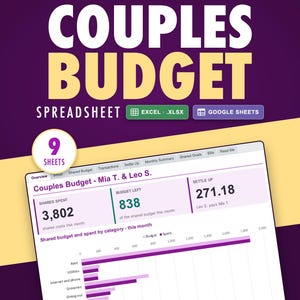 May include: A digital couples budget spreadsheet template featuring a purple background with the text COUPLES BUDGET SPREADSHEET. It includes 9 sheets compatible with Excel and Google Sheets, displaying a financial dashboard for Mia T. & Leo S.